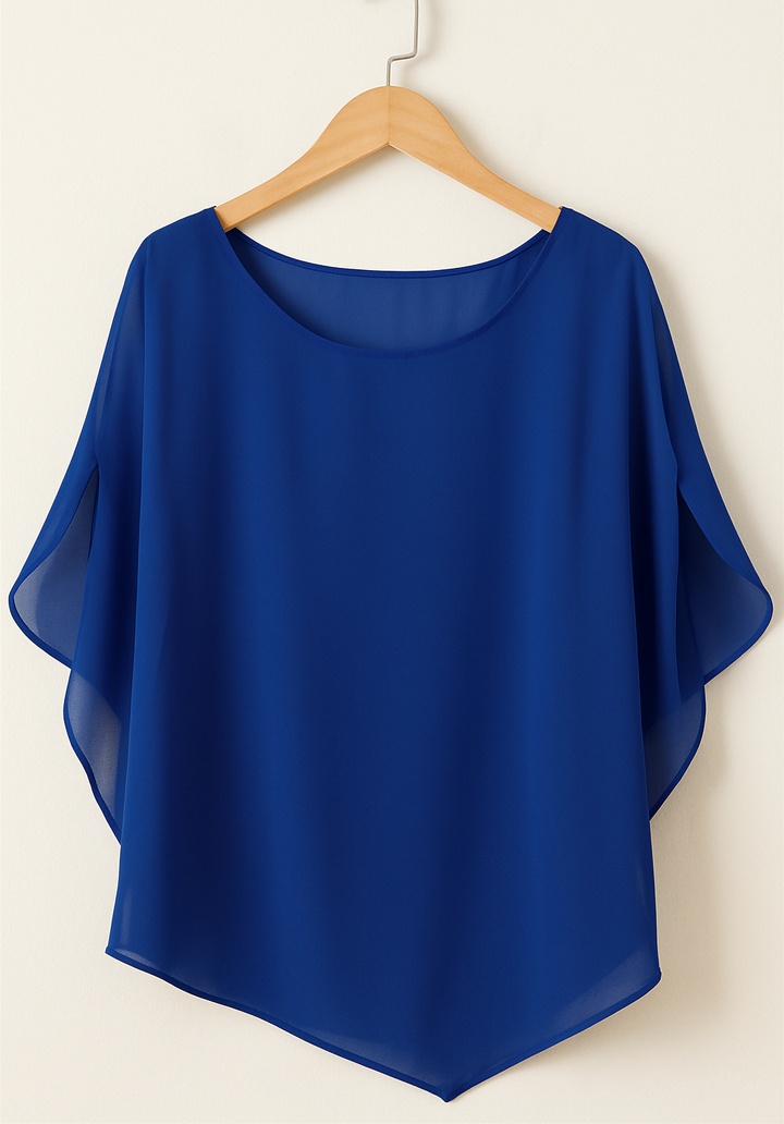 Kadın Kısa Yırtmaç Kollu Yuvarlak Yaka Şifon Bluz - 4