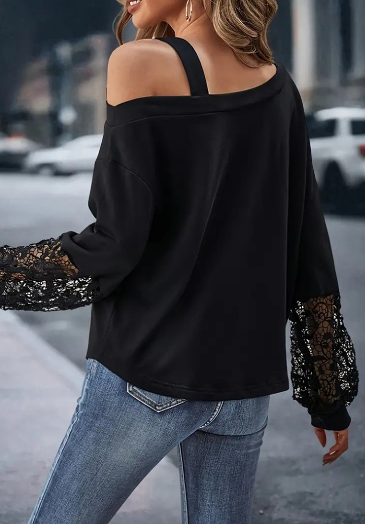 Kadın Uzun Kollu Tek Omuzu Açık Dantelli Viskon İki İplik Bluz - 4