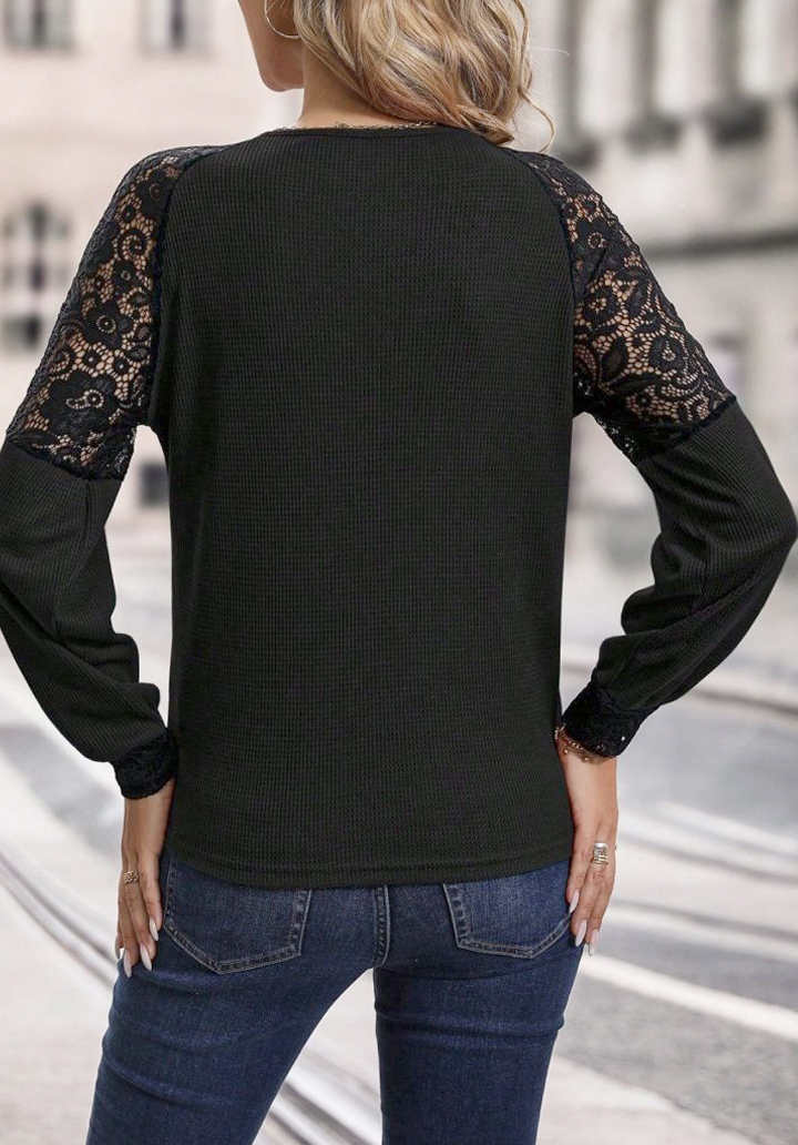 Kadın Uzun Kollu V Yakalı Dantelli Waffle Bluz - 4