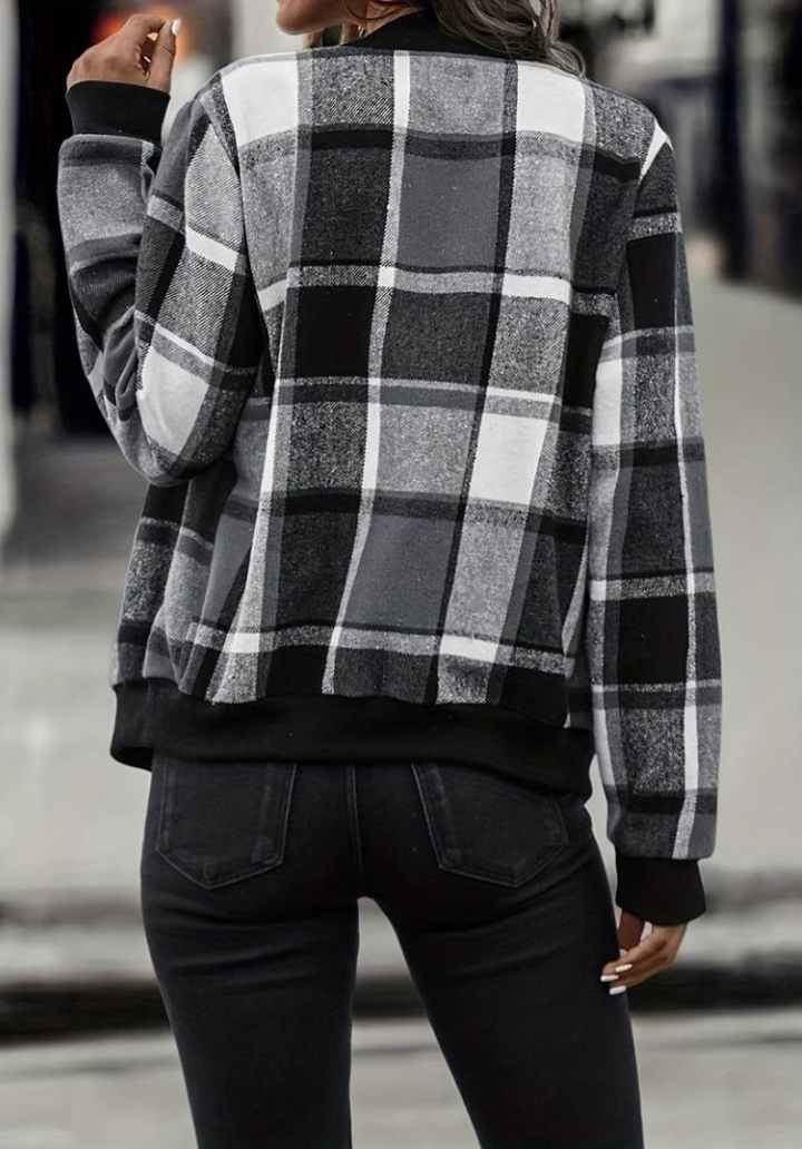 Kadın Uzun Kollu Önden Fermuarlı Ekose Desenli Ceket  - 4
