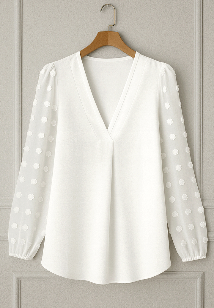 Kadın Uzun Kollu V Yakalı Kolları Popon Detaylı Sandy Bluz  - 4