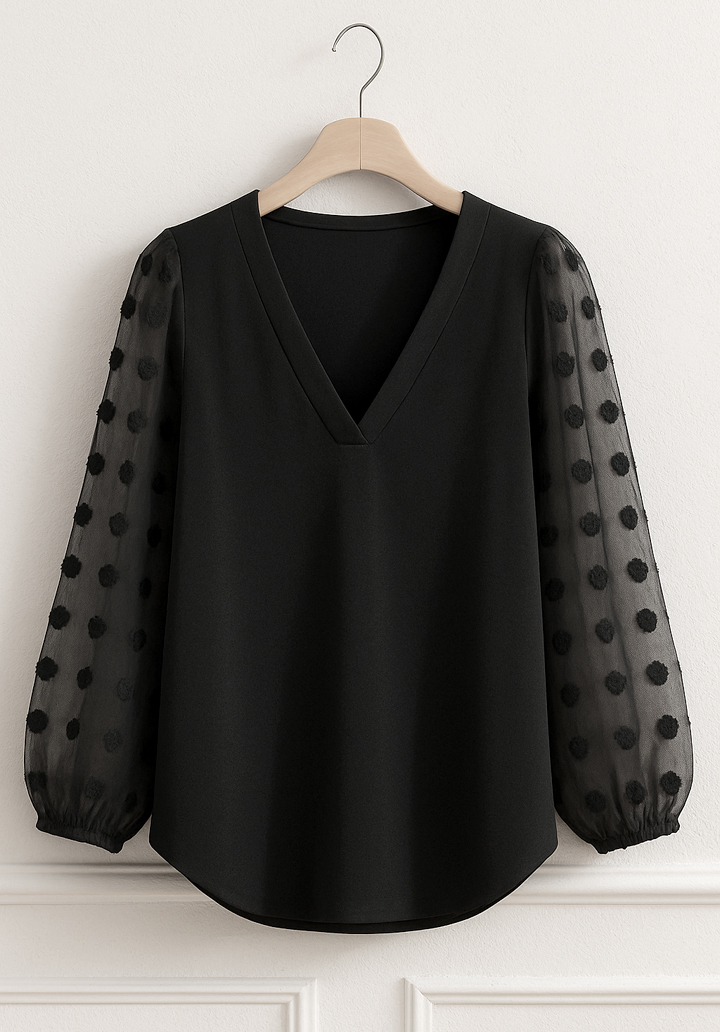 Kadın Uzun Kollu V Yakalı Kolları Popon Detaylı Sandy Bluz  - 4