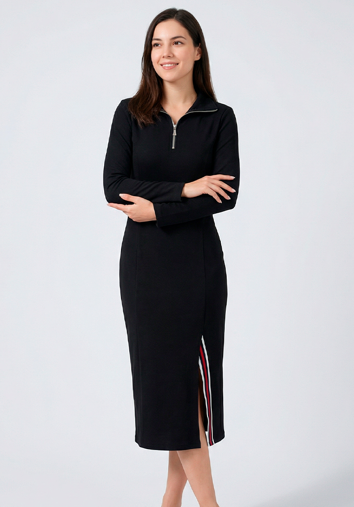 Kadın Önden Fermuarlı Yırtmaçlı İki İplik Midi Boy Elbise - 4