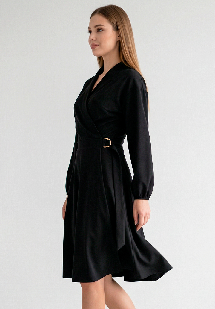 Kadın Belden Bağlamalı Toka Detaylı Krep Kumaş Mini Kloş Elbise - 4