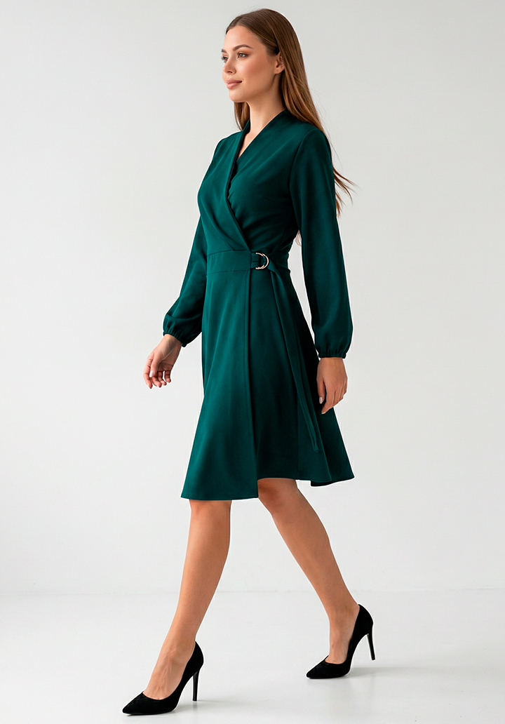 Kadın Belden Bağlamalı Toka Detaylı Krep Kumaş Mini Kloş Elbise - 4