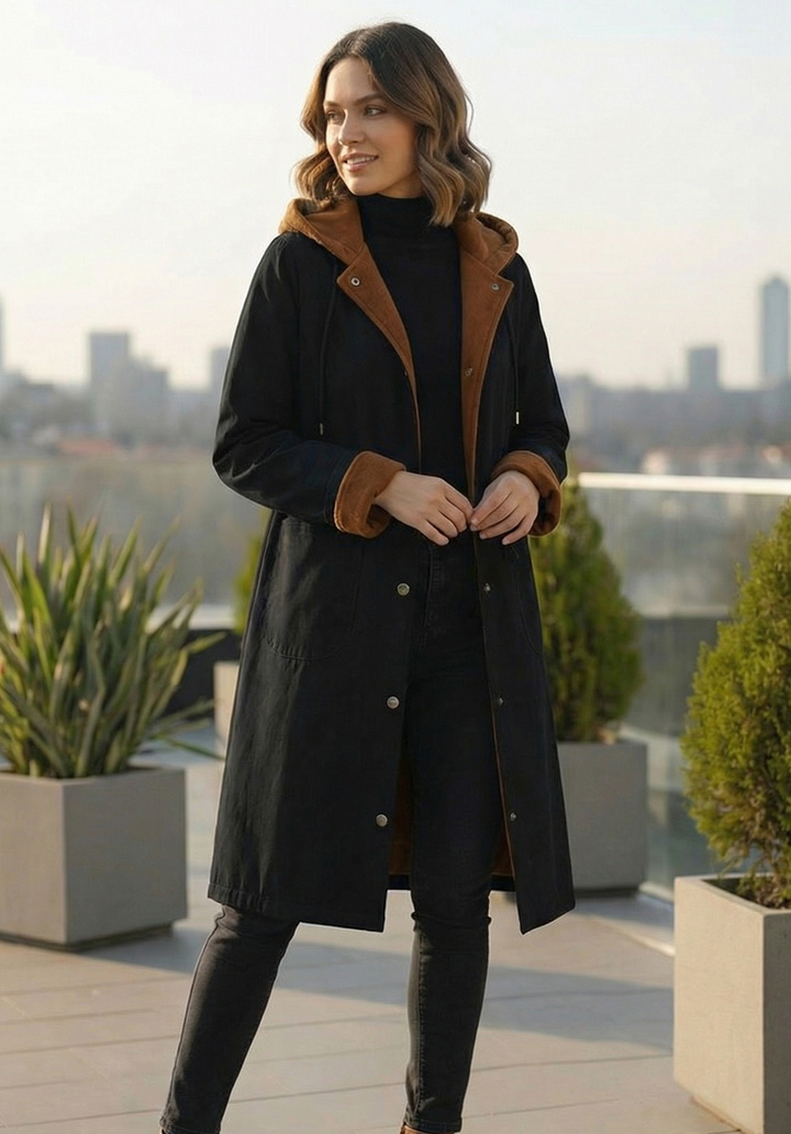 Kapüşonlu İçi Kaşe Su Geçirmez Mikro Kumaş Midi Boy Mont - 4