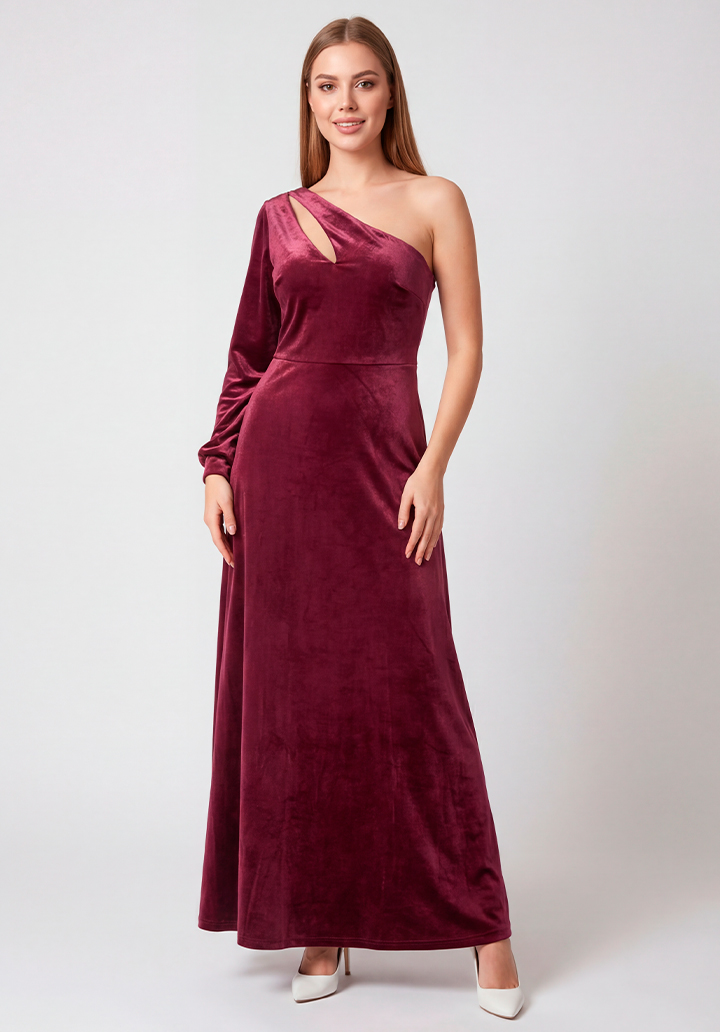 Tek Omuz Dekolteli Uzun Kadife Gece Elbisesi - 4