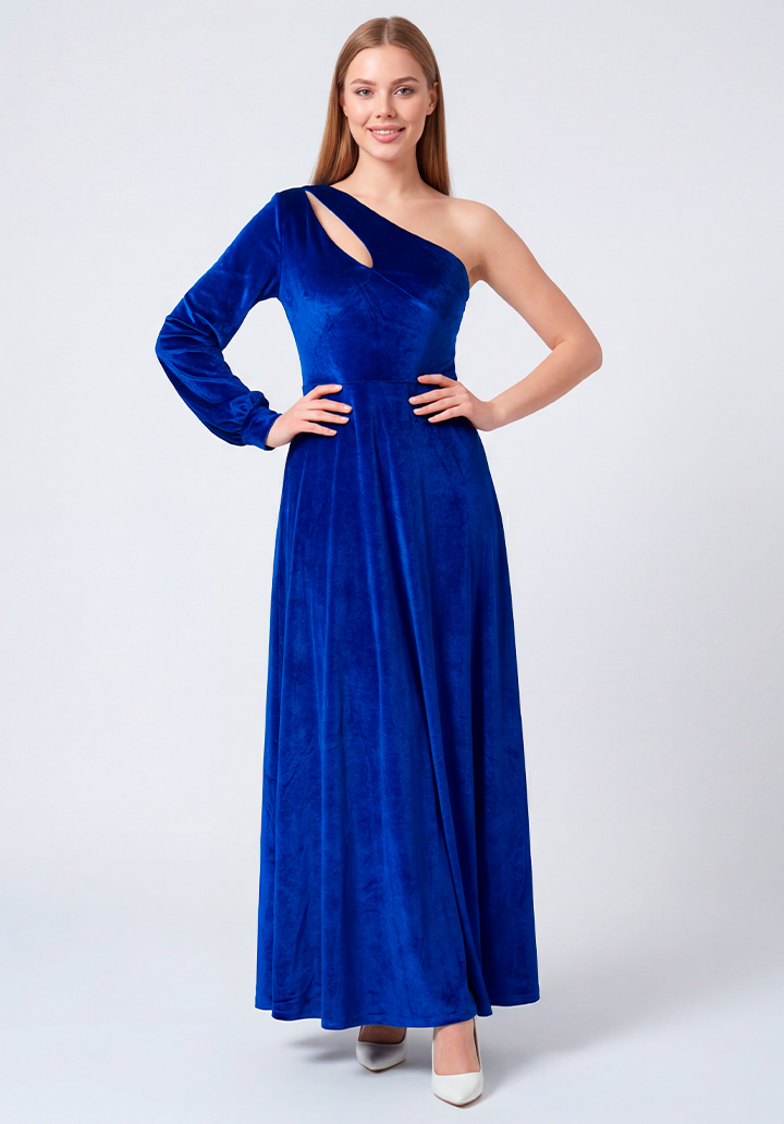 Tek Omuz Dekolteli Uzun Kadife Gece Elbisesi - 4