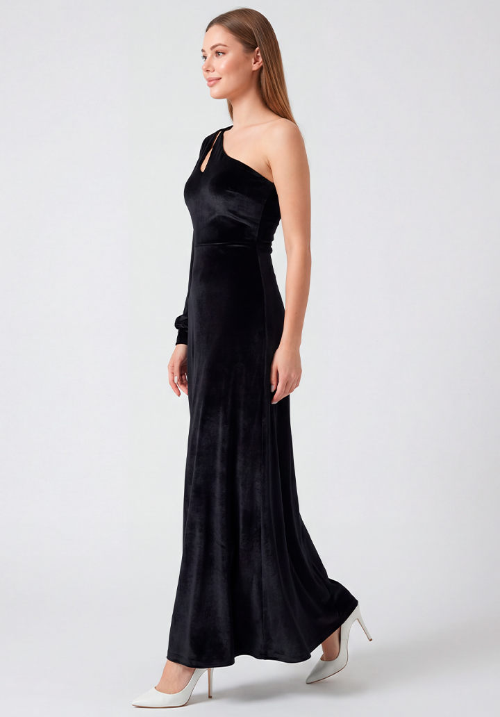 Tek Omuz Dekolteli Uzun Kadife Gece Elbisesi - 4