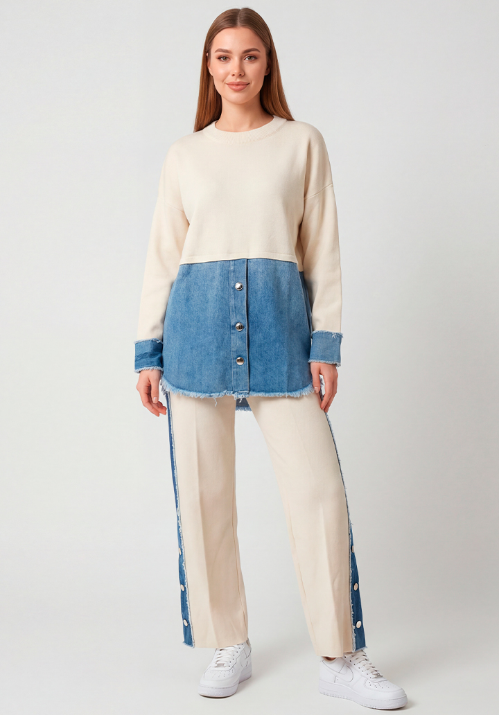 Kot Garnili Yanları Düğme Detaylı Triko Pantolon Tunik İkili Takım - 4