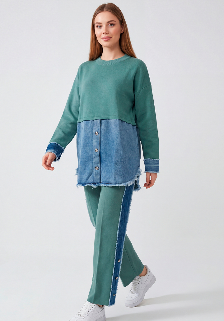 Kot Garnili Yanları Düğme Detaylı Triko Pantolon Tunik İkili Takım - 4