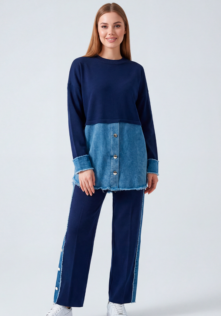 Kot Garnili Yanları Düğme Detaylı Triko Pantolon Tunik İkili Takım - 4