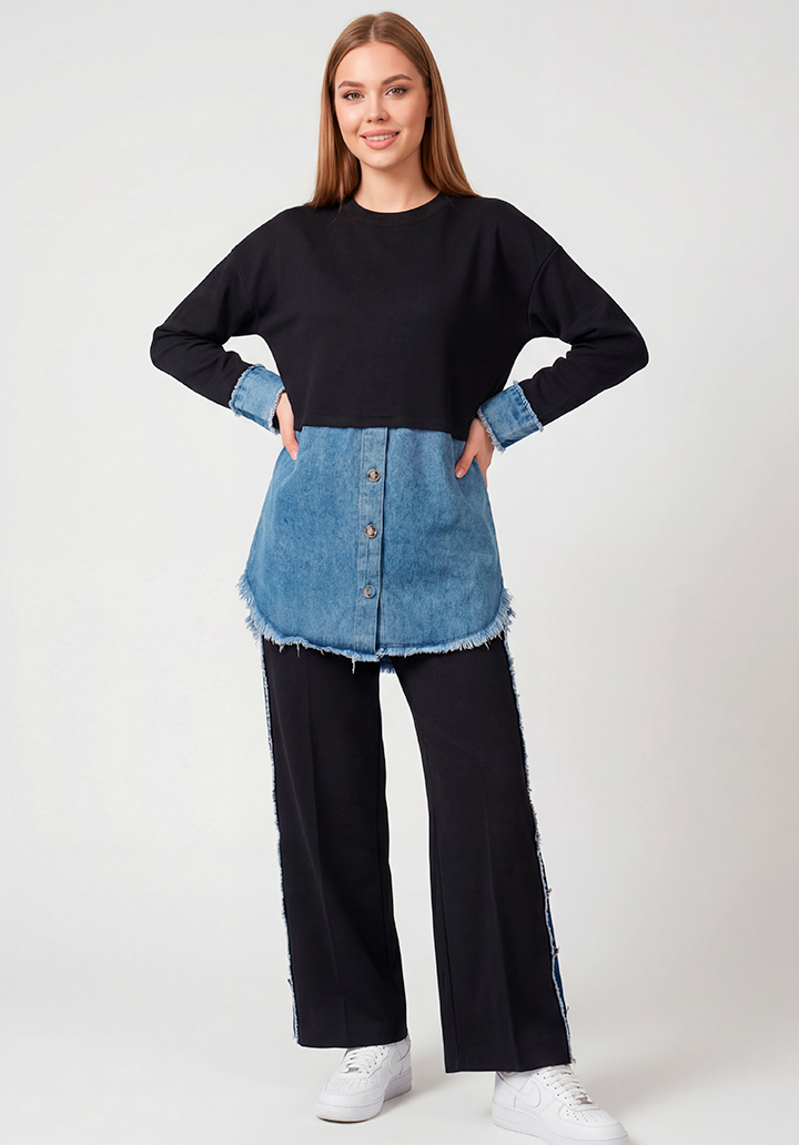 Kot Garnili Yanları Düğme Detaylı Triko Pantolon Tunik İkili Takım - 4