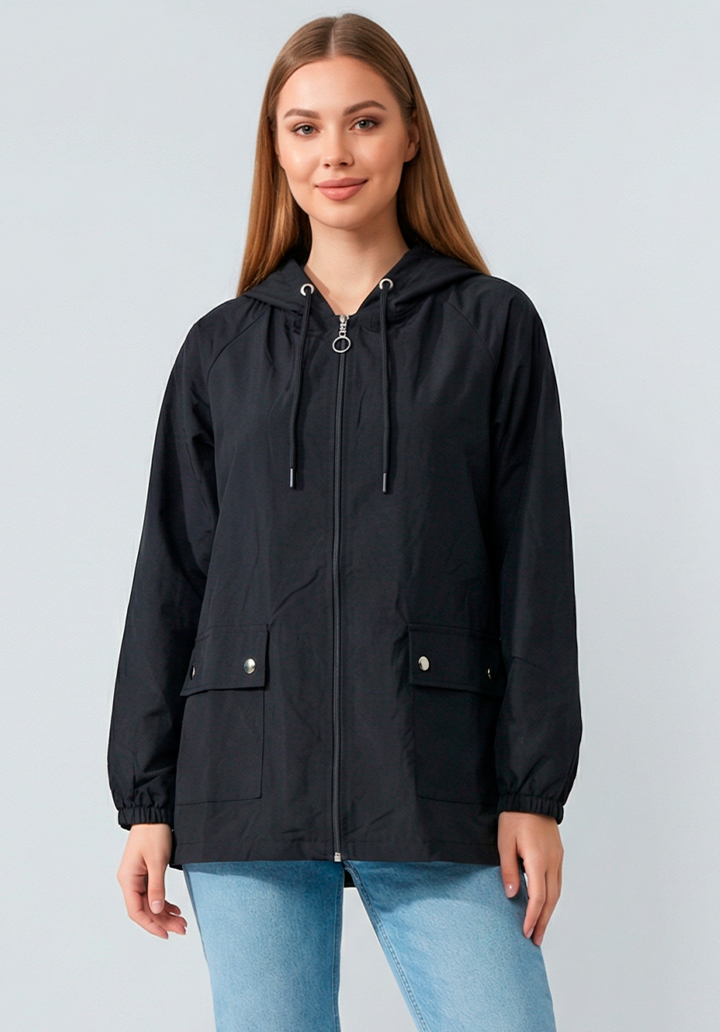 Kadın Siyah Kapüşonlu Fermuarlı Cepli Yağmurluk Rüzgarlık - 4