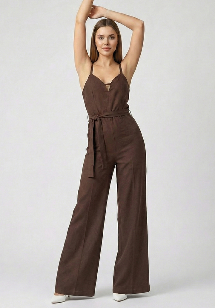 Kadın İnce Askılı V Yaka Kuşaklı Göğüs Dekolte Detaylı Geniş Paça Tulum - 4