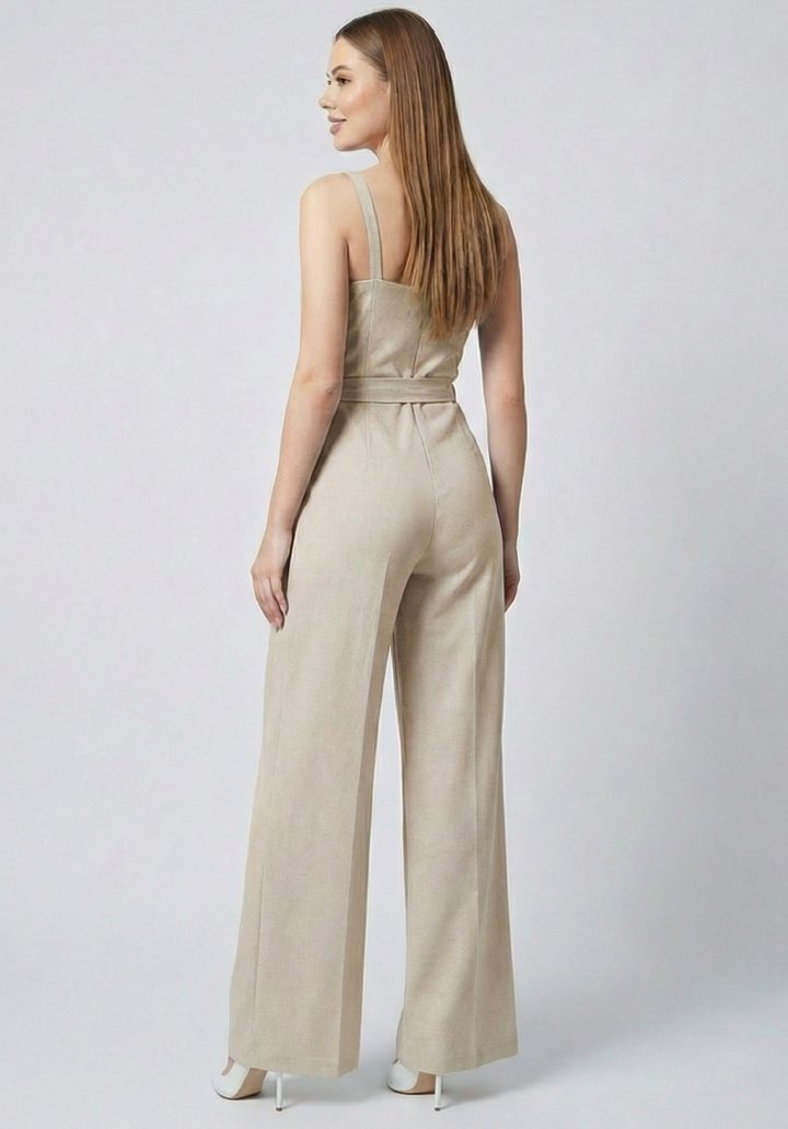 Kadın İnce Askılı V Yaka Kuşaklı Göğüs Dekolte Detaylı Geniş Paça Tulum - 4