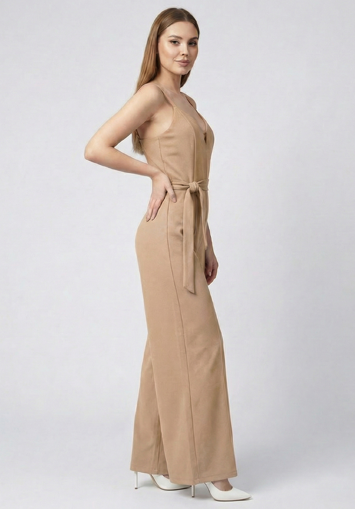 Kadın İnce Askılı V Yaka Kuşaklı Göğüs Dekolte Detaylı Geniş Paça Tulum - 4