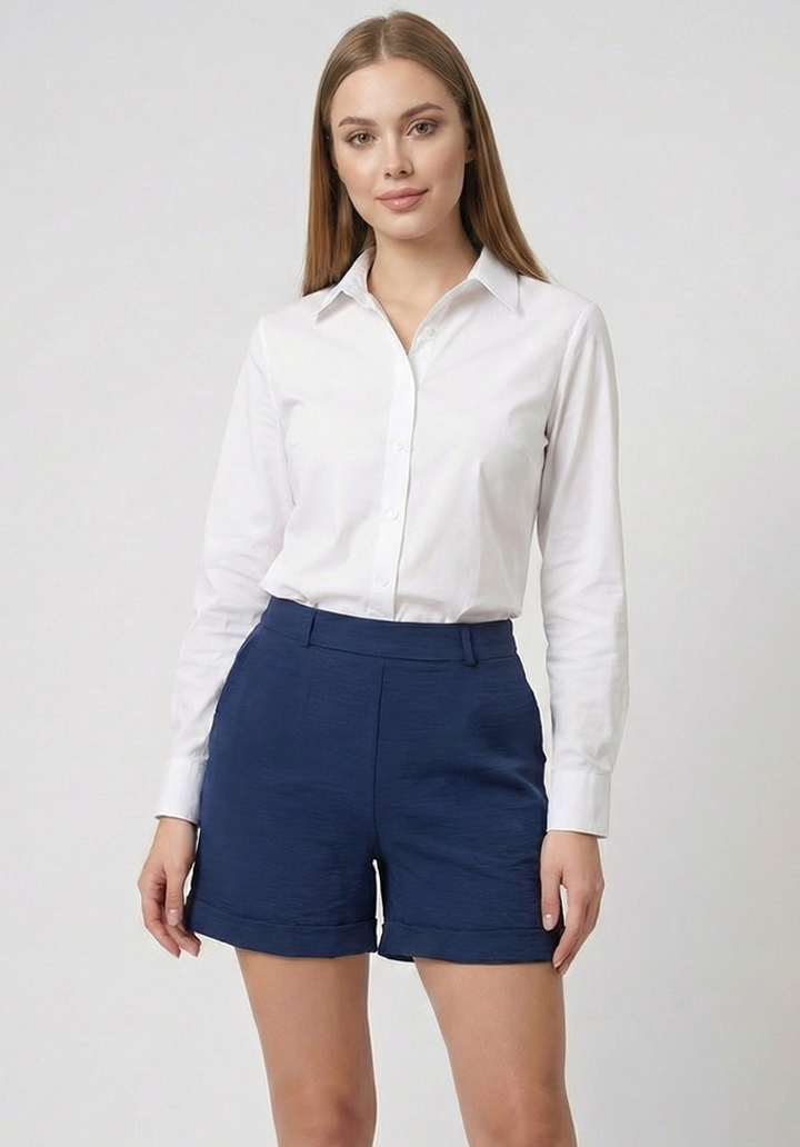 Kadın Lacivert Keten Karışımlı Yüksek Bel Duble Paça Şort - 4