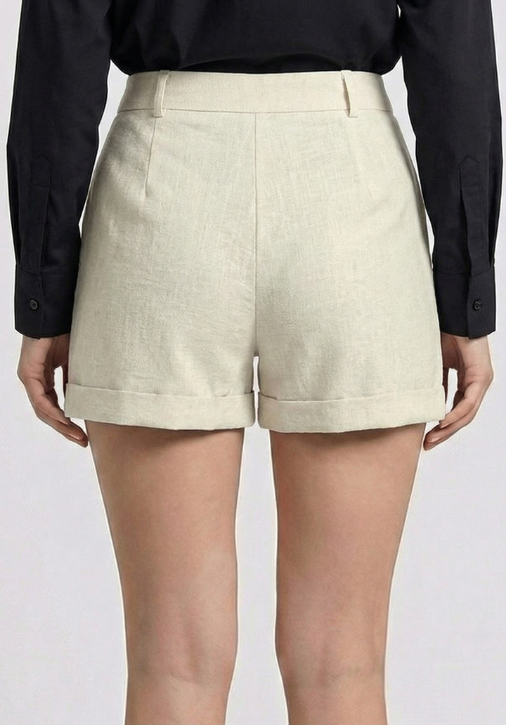 Kadın Bej Keten Karışımlı Yüksek Bel Duble Paça Şort - 4