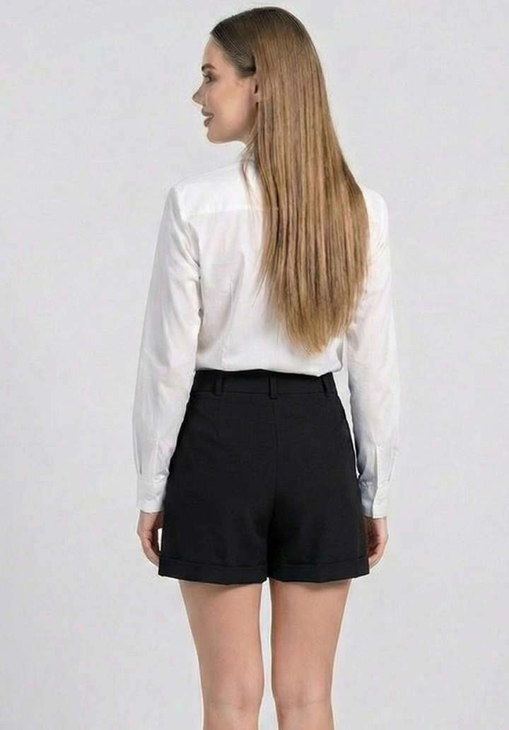 Kadın Siyah Keten Karışımlı Yüksek Bel Duble Paça Şort - 4
