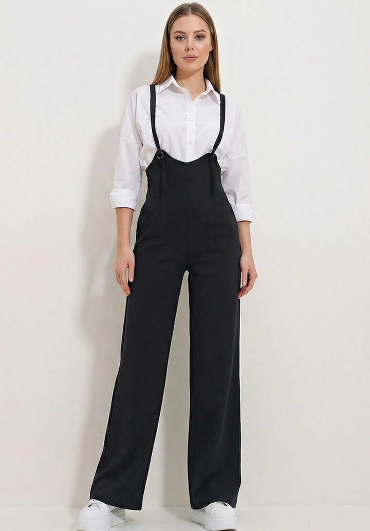 Kadın Siyah Likralı Double Krep Cepli Askılı Salopet Tulum - 4