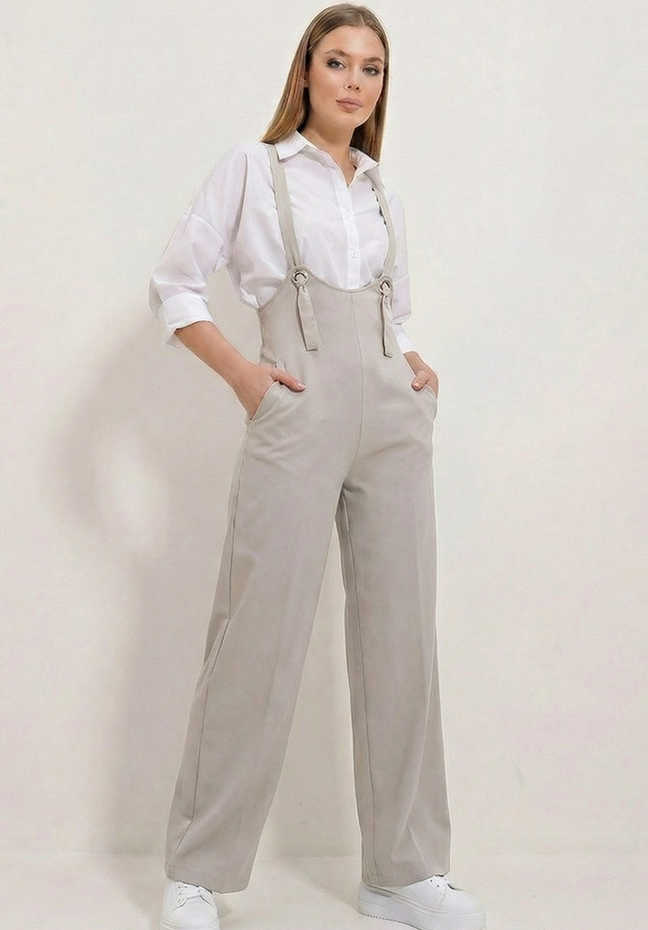 Kadın Gri Likralı Double Krep Cepli Askılı Salopet Tulum - 4