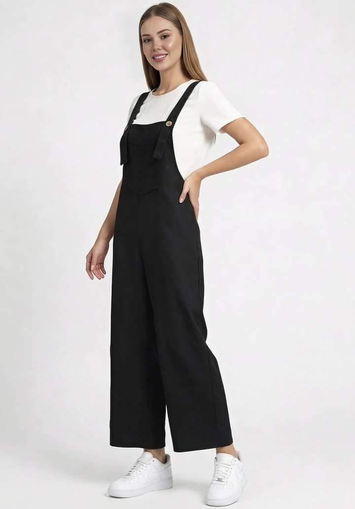 Kadın Geniş Paça Keten Görünümlü Bahçıvan Askılı Rahat Kesim Salopet Tulum - 4