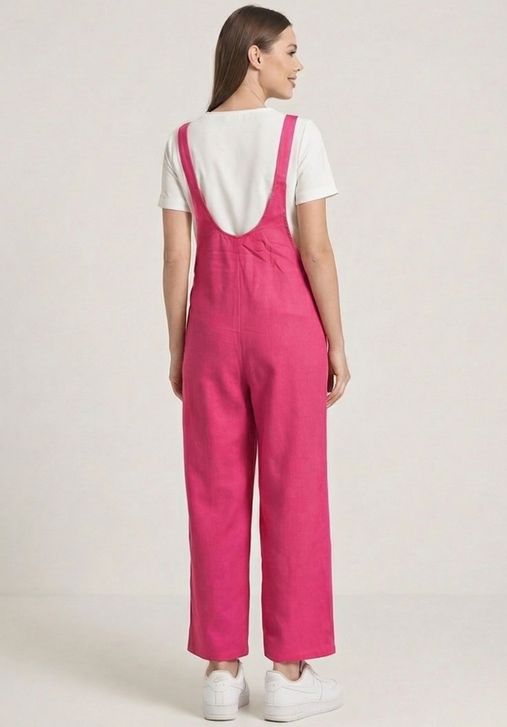 Kadın Geniş Paça Keten Görünümlü Bahçıvan Askılı Rahat Kesim Salopet Tulum - 4