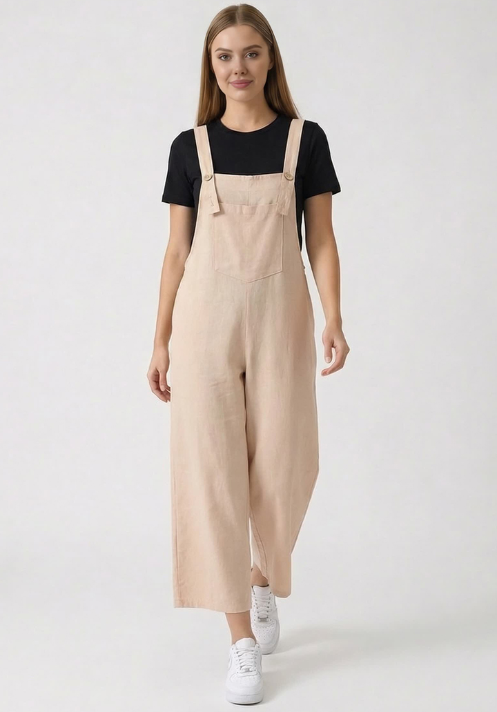 Kadın Geniş Paça Keten Görünümlü Bahçıvan Askılı Rahat Kesim Salopet Tulum - 4