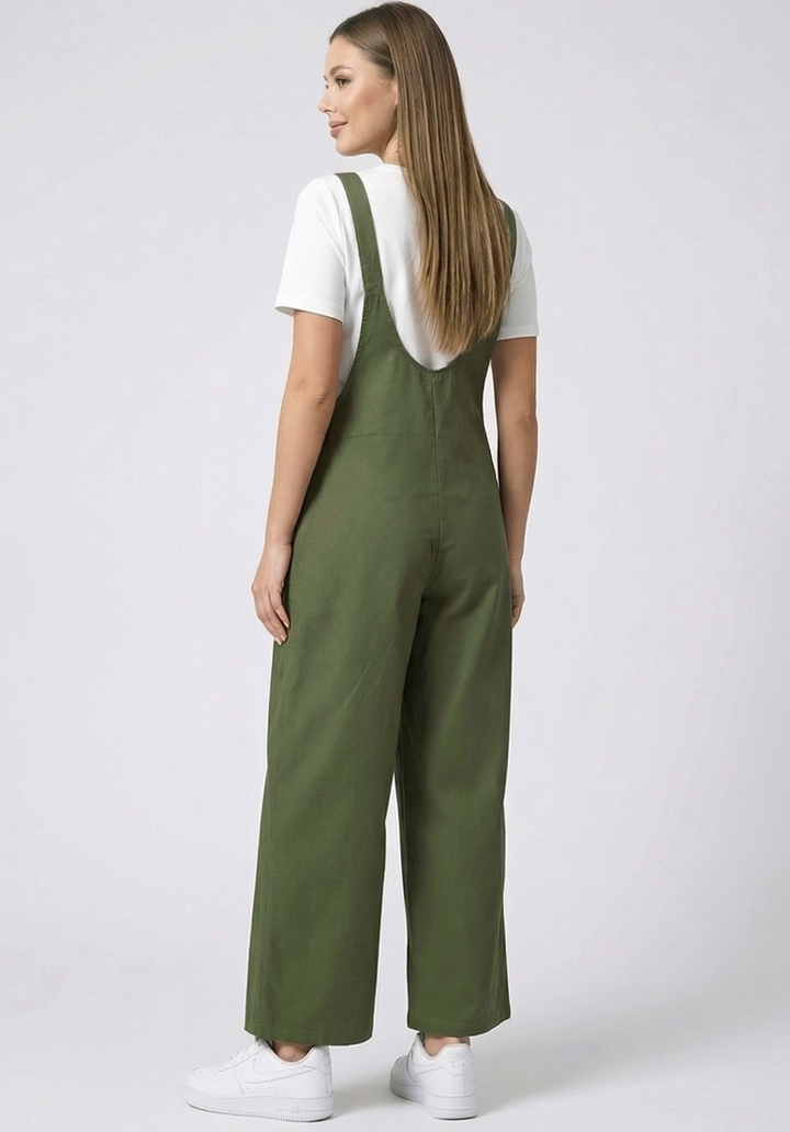 Kadın Geniş Paça Keten Görünümlü Bahçıvan Askılı Rahat Kesim Salopet Tulum - 4