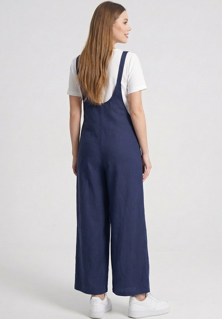 Kadın Geniş Paça Keten Görünümlü Bahçıvan Askılı Rahat Kesim Salopet Tulum - 4