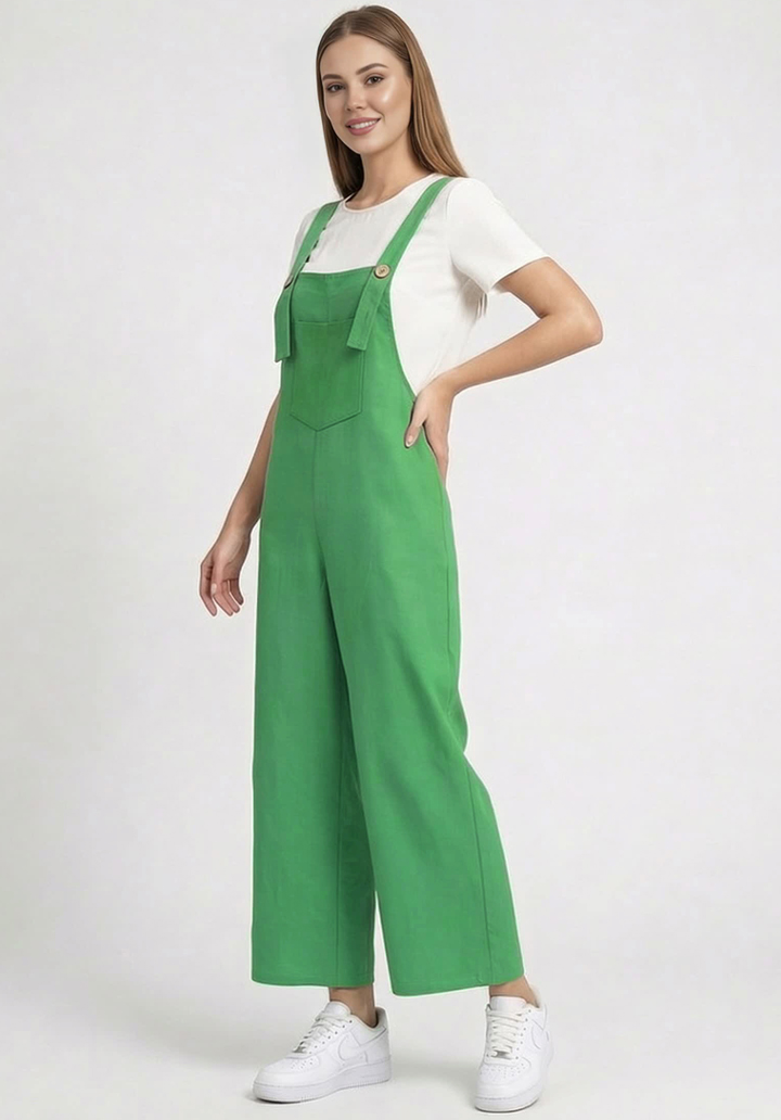 Kadın Geniş Paça Keten Görünümlü Bahçıvan Askılı Rahat Kesim Salopet Tulum - 4