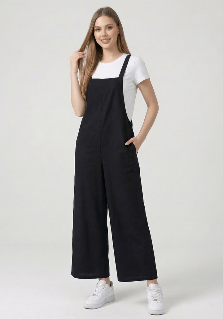 Kadın Siyah Keten Karışımlı Cepli Arkadan Bağlamalı Askılı Tulum - 4