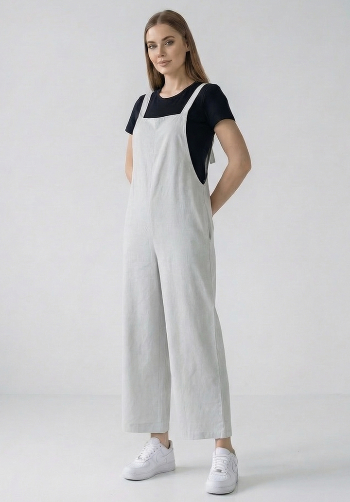 Kadın Kırık Beyaz Keten Karışımlı Cepli Arkadan Bağlamalı Askılı Tulum - 4