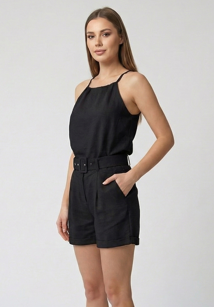Kadın Keten Kumaş Şort ve Halter Yaka Üst Kemerli ve Cepli İkili Takım - 4