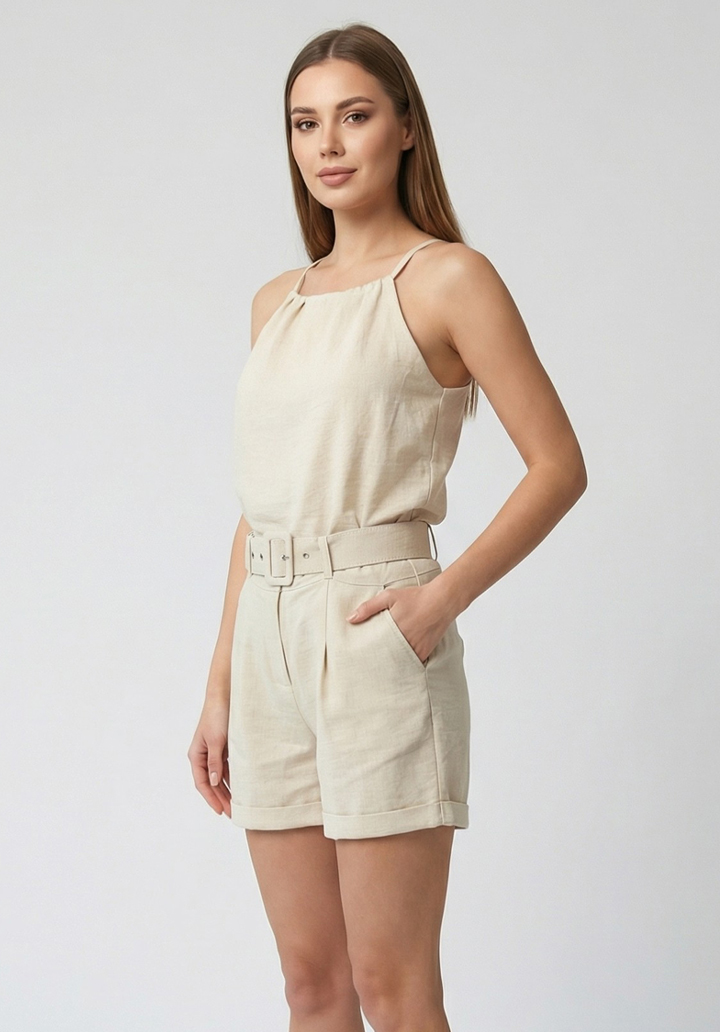 Kadın Keten Kumaş Şort ve Halter Yaka Üst Kemerli ve Cepli İkili Takım - 4
