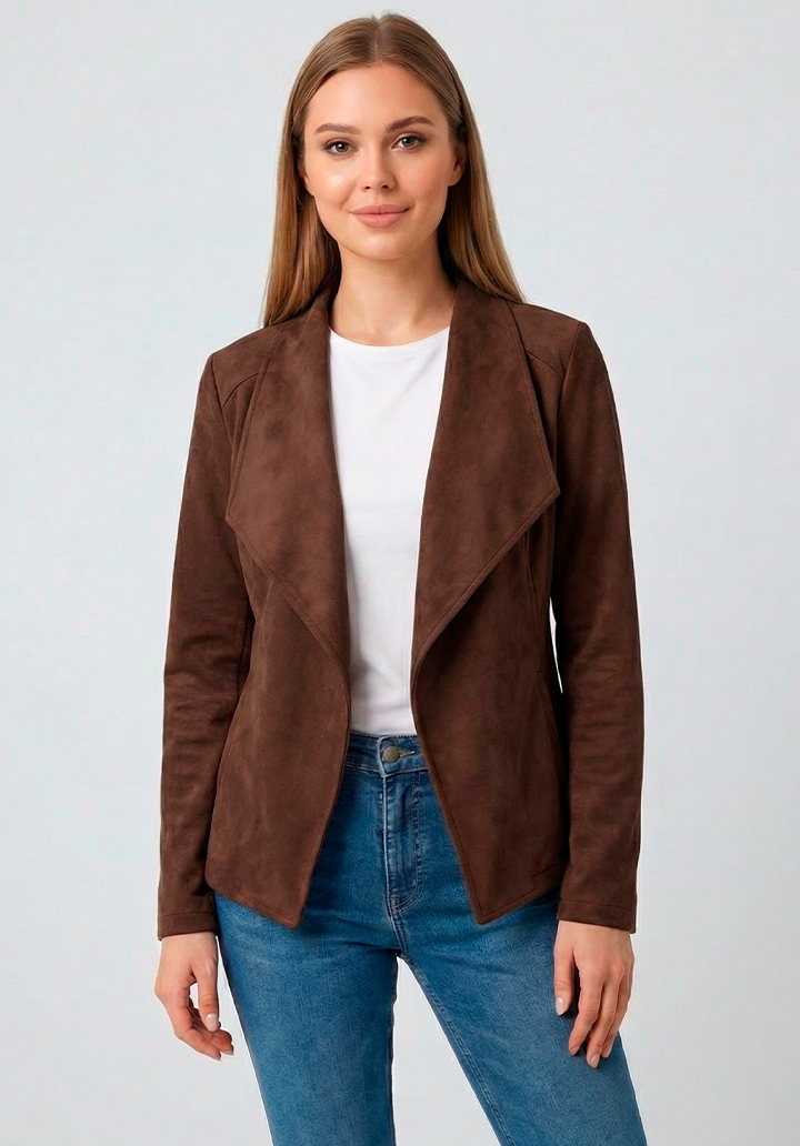 Kadın Uzun Kollu Önü Açık Yakalı Süet Ceket - 4