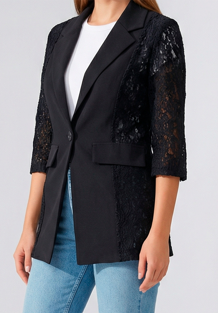 Kadın Siyah Kolu Dantelli Blazer Ceket - 4