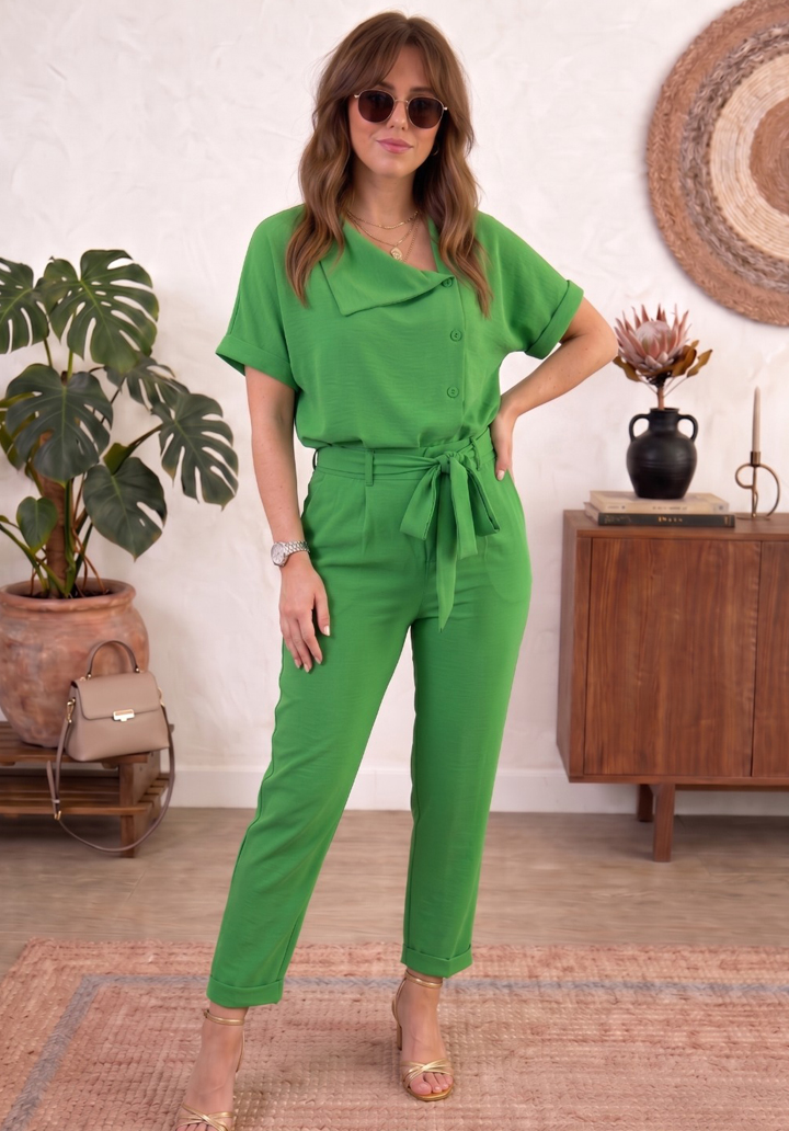 Kadın Bürümcük Kumaş Asimetrik Yaka Kısa Kollu Alt Üst Takım - Yeşil - 4