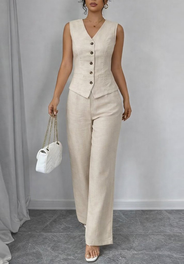 Kadın Önden Düğmeli Keten Yelek ve Pantolon İkili Takım - 4