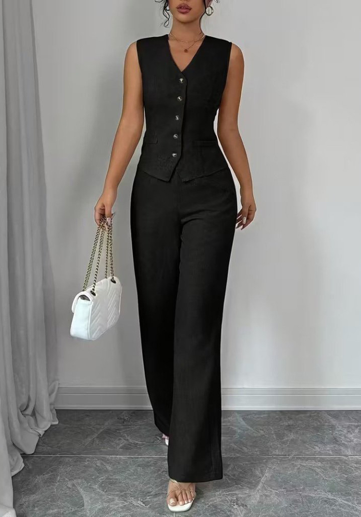 Kadın Önden Düğmeli Keten Yelek ve Pantolon İkili Takım - 4