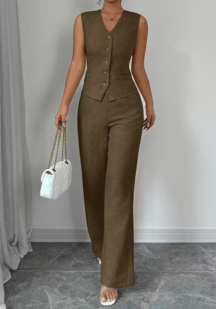 Kadın Önden Düğmeli Keten Yelek ve Pantolon İkili Takım - 4
