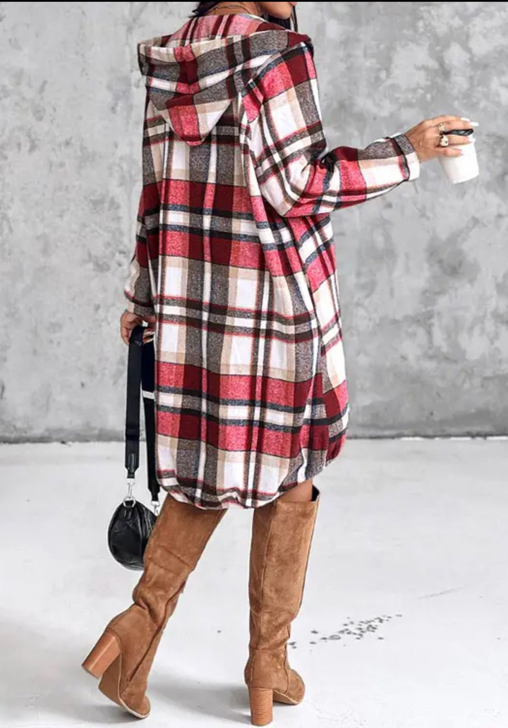 Kadın Kapüşonlu Ekose Desenli Cep Detaylı Şardonlu Ceket - 5