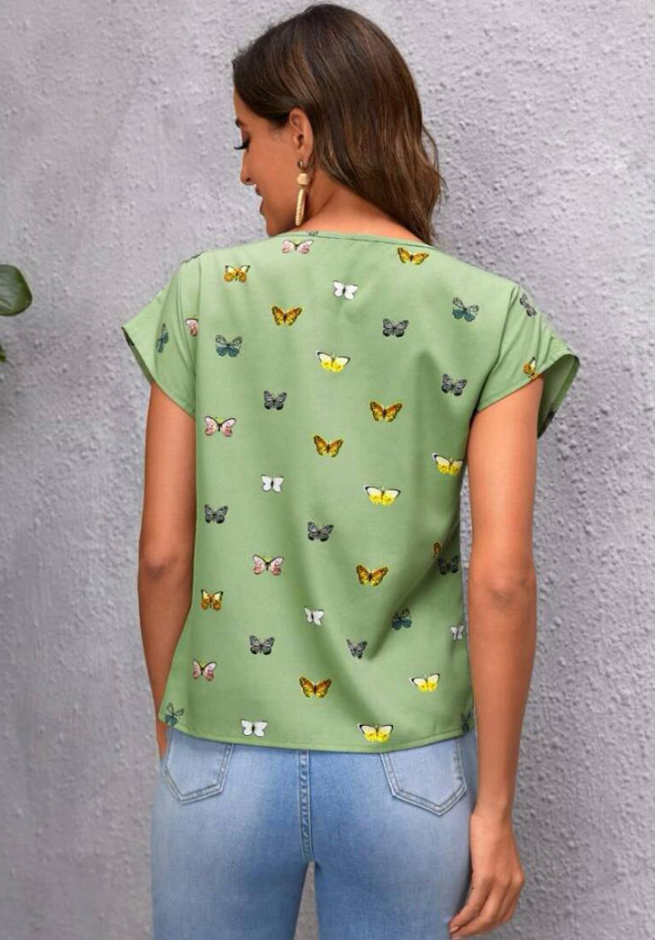 Kadın Kelebek Desenli Mosskrep T-Shirt - Yeşil - 5
