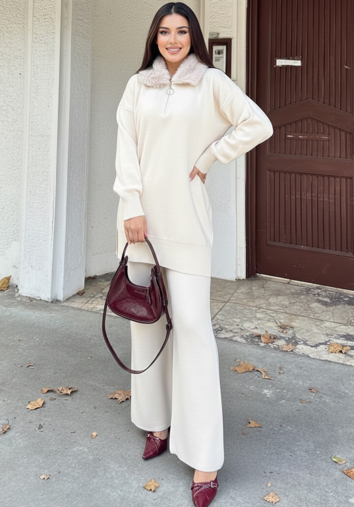 Kürk Yakalı Triko Tunik Pantolon Oversize Alt Üst Takım - 5