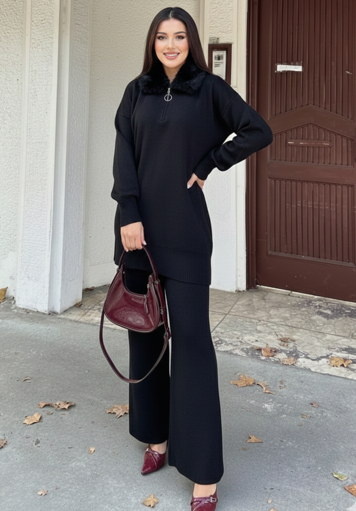 Kürk Yakalı Triko Tunik Pantolon Oversize Alt Üst Takım - 5