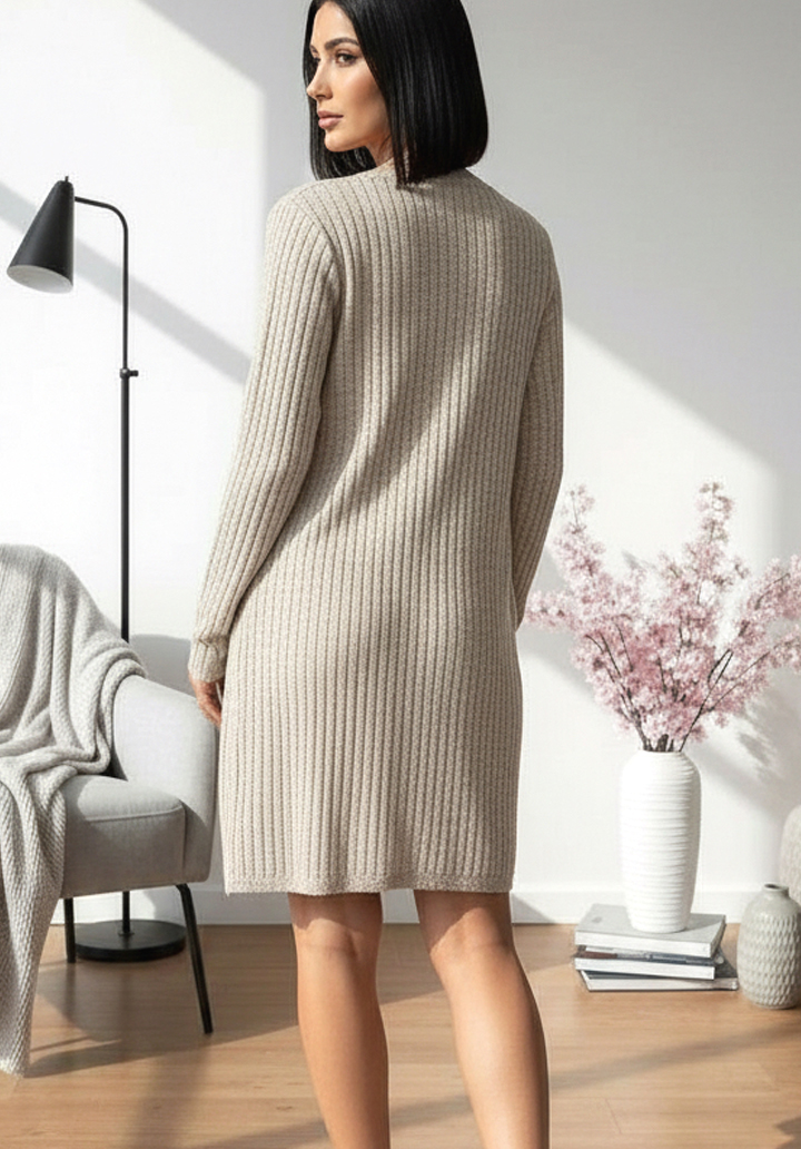 Önü Düğmeli Kaşkorse Mini Elbise ve Uzun Salaş Hırka Takım - 5