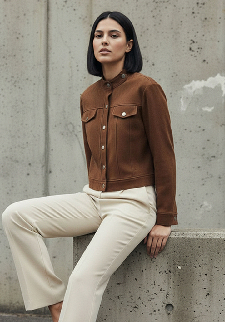 Hakim Yaka Önden Düğmeli Crop Süet Ceket  - 5