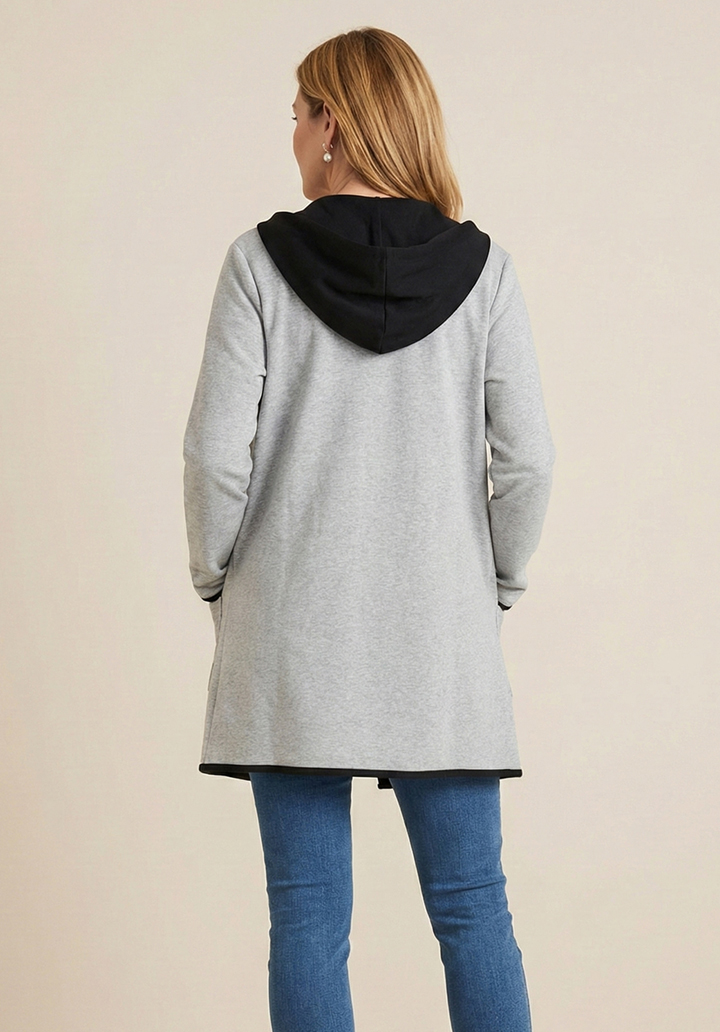 Kapüşonlu İki İplik Kumaş Şardonlu Uzun Hırka - 5