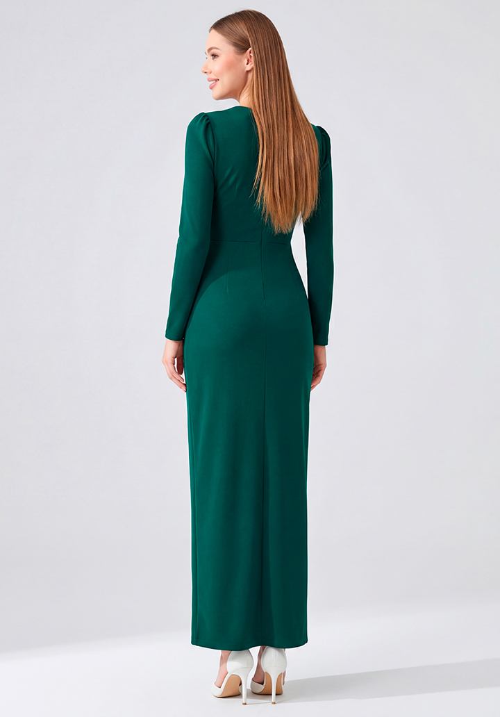 Yeşil Uzun Kollu Özel Tasarım Yanları Taş Detaylı Yırtmaçlı Abiye Elbise - 5